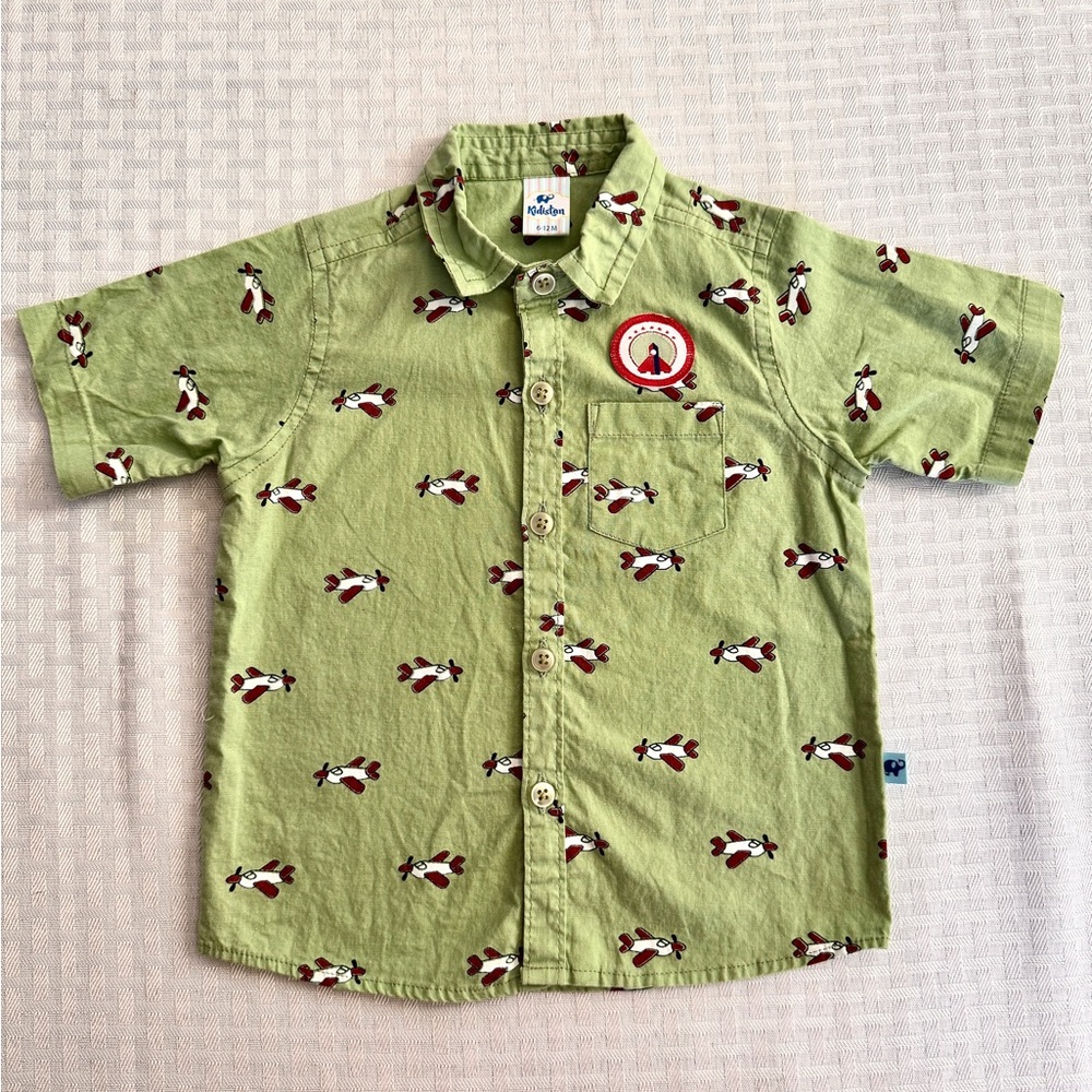 Kidistan Green Airplane Button Down Shirt‎ Baby 6–9M Short Sleeve Cotton